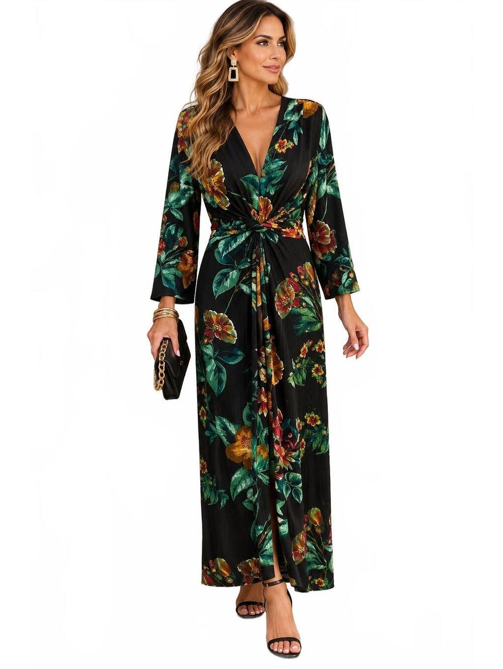 Elegant Black Floral Long Sleeve Maxi Dress Knotted Waist and Back Tie-Size 10